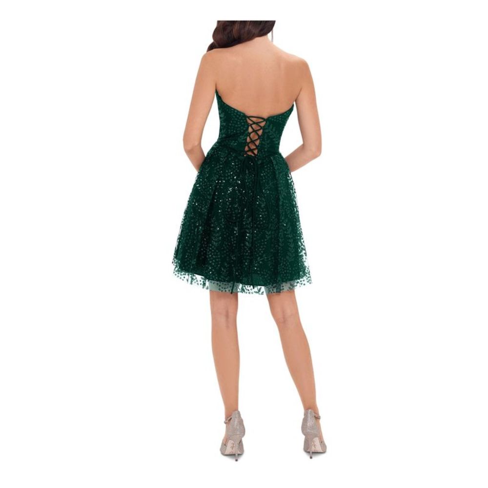 BLONDIE NITES Womens Green Lace-up Back Micro Mini Fit + Flare Dress Juniors 9 - Picture 2 of 4